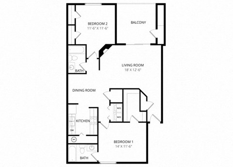 Floor plan for 2 beds, 2 baths, 1079 sqft